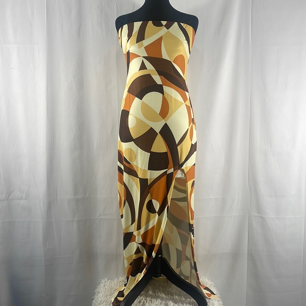Brown multi colored,geometric shaped design maxi long tube dress,Large - Picture 2 of 14